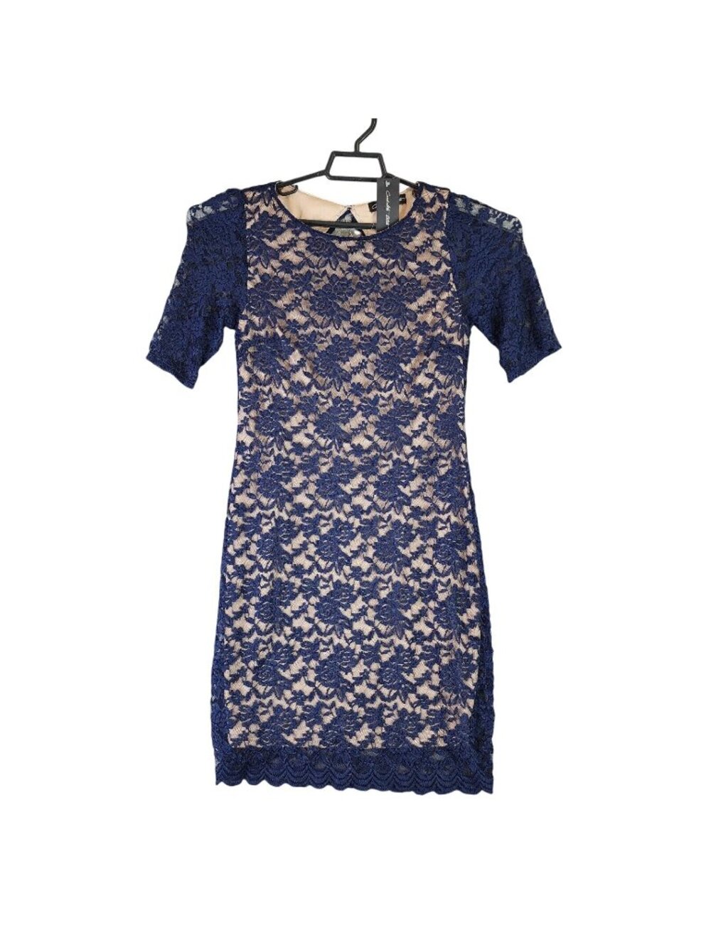 Womens Cardalite Petite Cocktail Sheath Dress Blue Lace Overlay on Tan Size PL